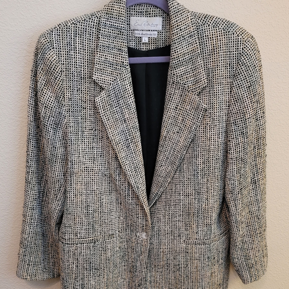 Blue,black, and cream handwoven silk blazer